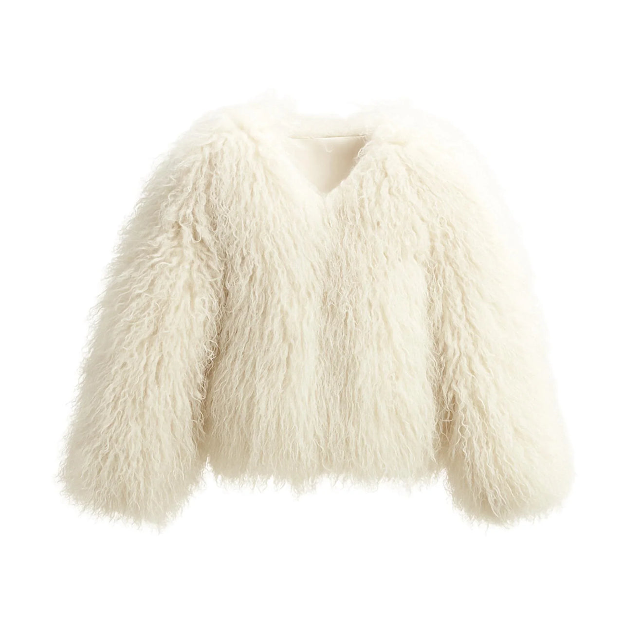White fluffy faux fur jacket on a white background