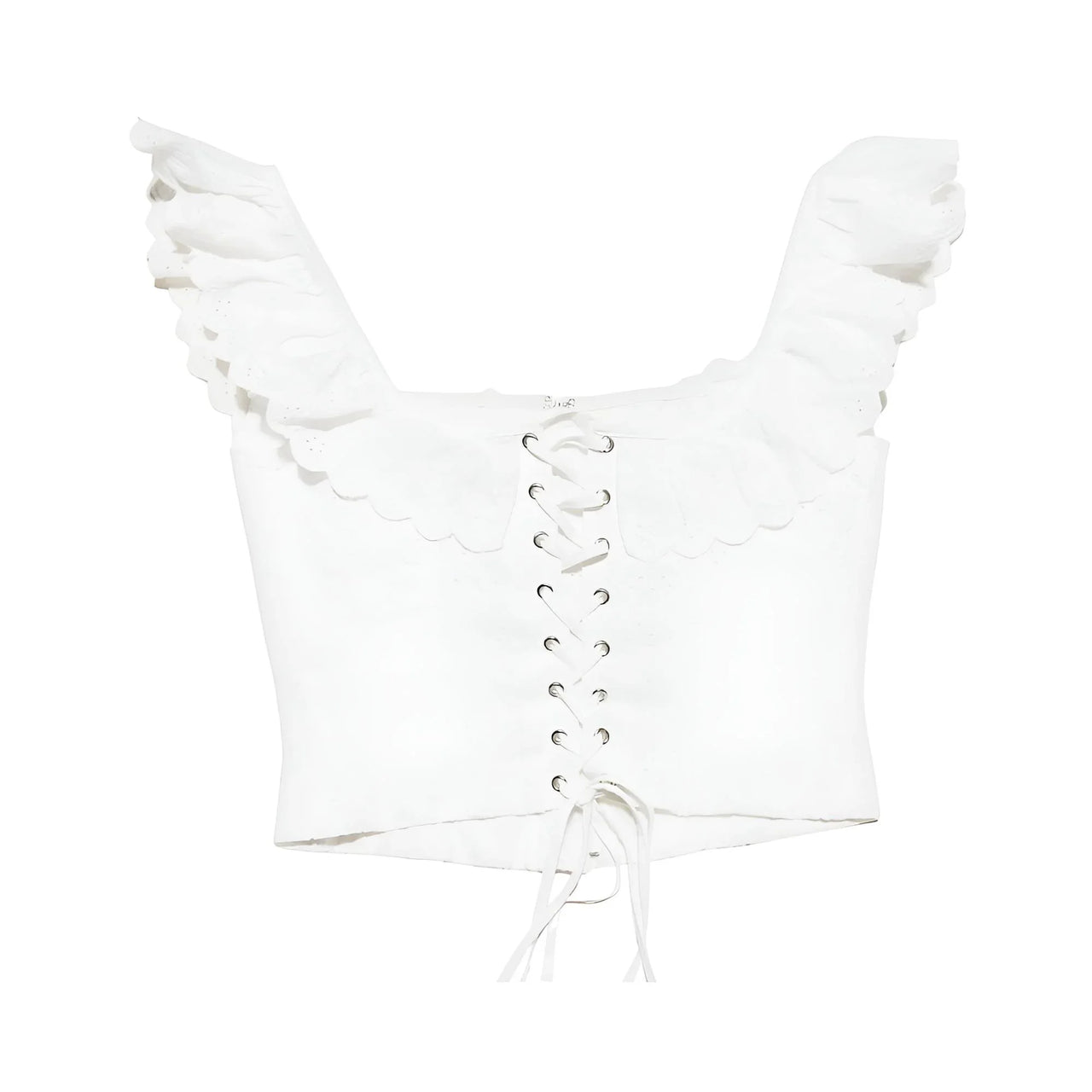 White lace-up crop top on a white background