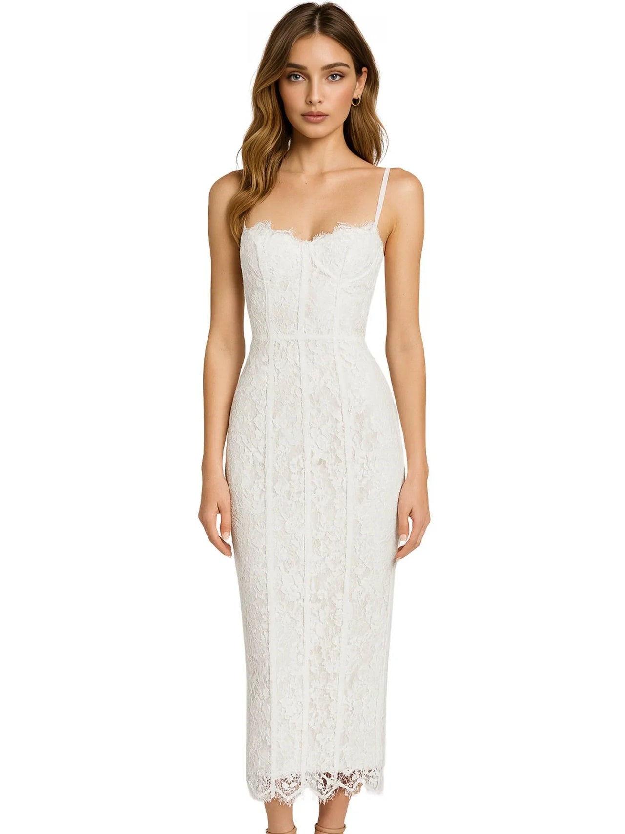 Woman wearing a white lace dress on a white background
