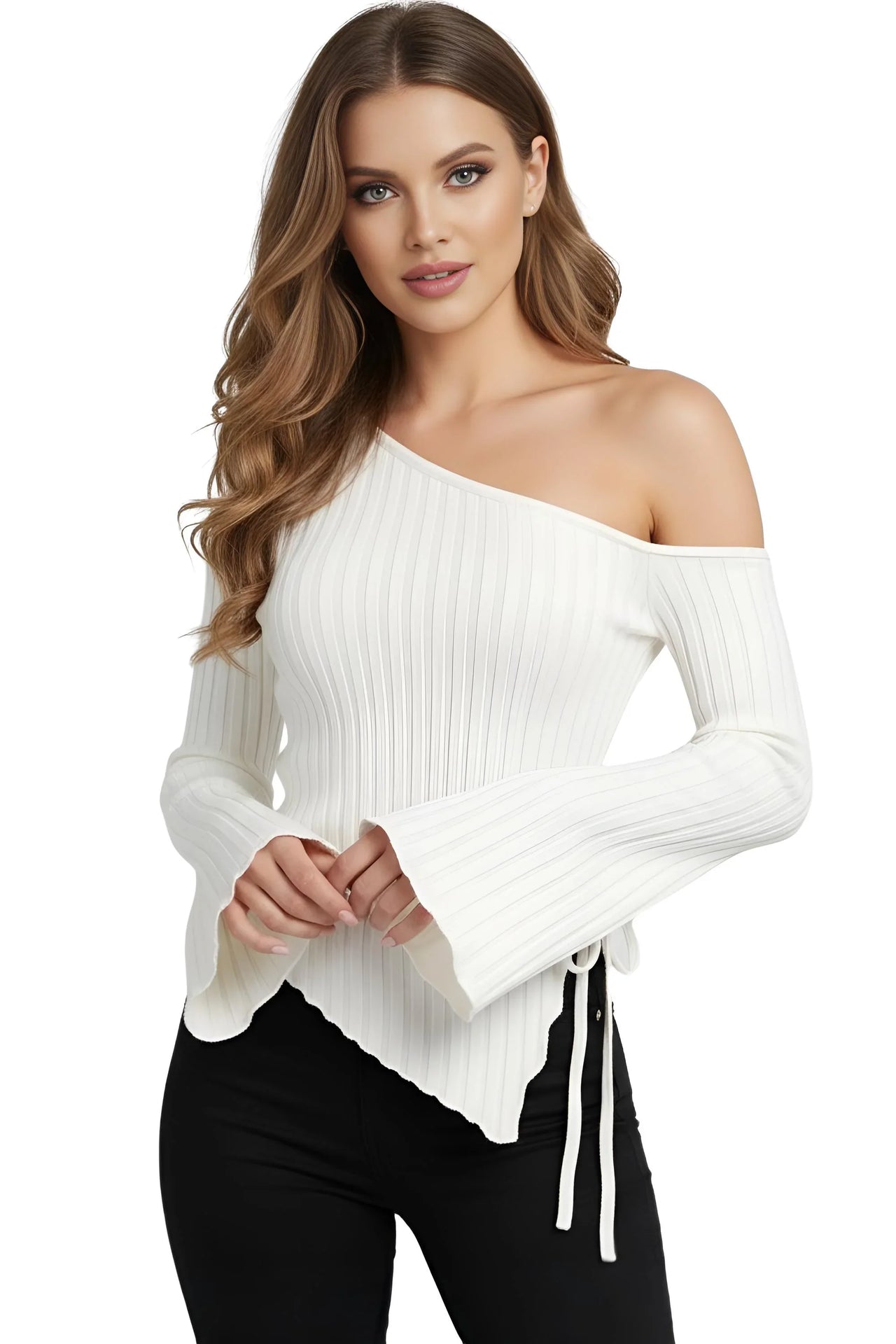 Women's Off-Shoulder Asymmetrical Shirt Street Style Trumpet Sleeve Top Long Sleeve, Casual Shirts, Long Sleeves, XS, S, M, L, XL, United States, Off Shoulder, USA, Canada, Australia, New Zealand, United Kingdom, UK, Black, Grey, Olive Green, White, Khaki, Dark Olive Green, off the shoulder top, asymmetrical top women's, one shoulder top, off shoulder shirt, asymmetrical off shoulder top, shopdrestiny.com