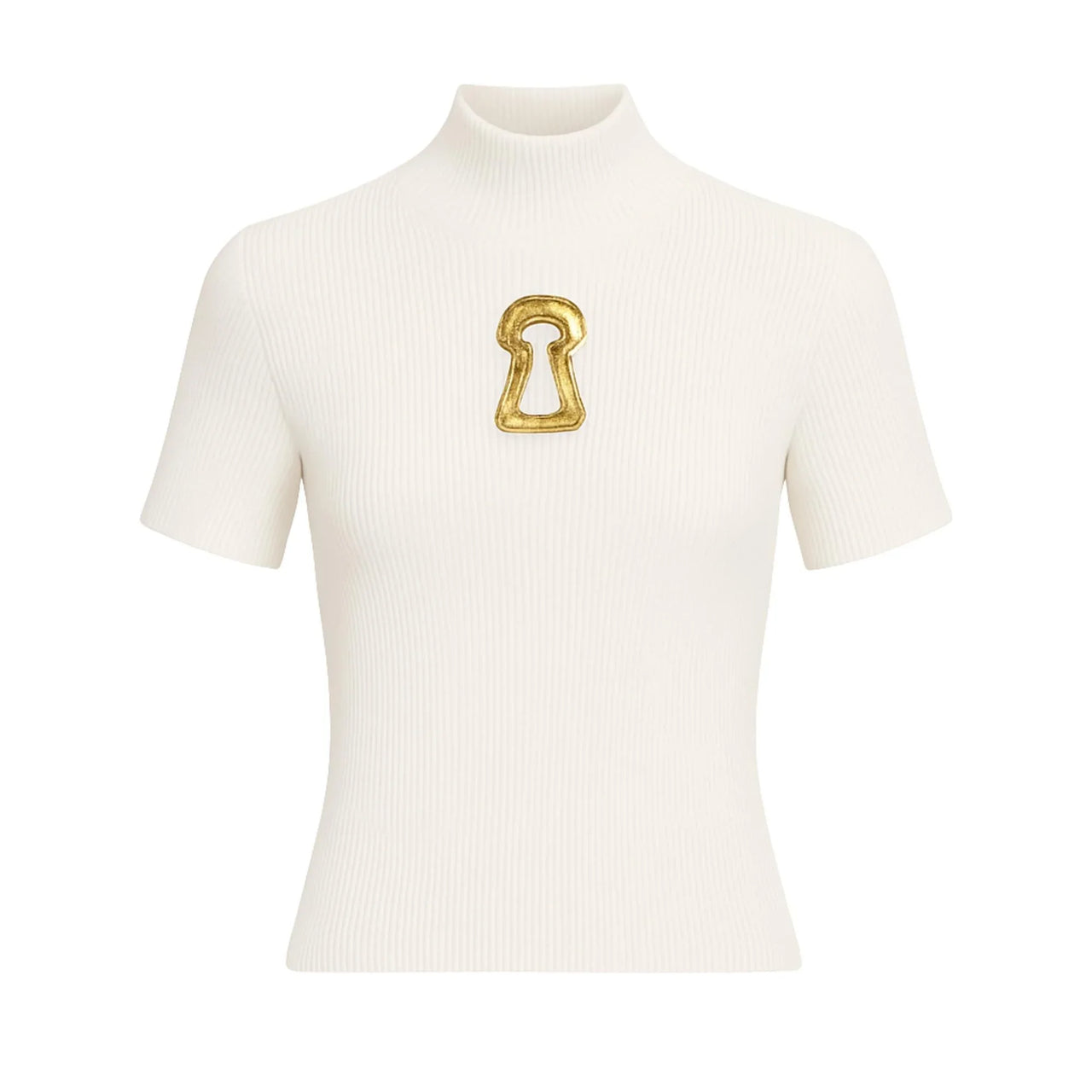 White ribbed turtleneck top with a gold keyhole cutout design on a white background