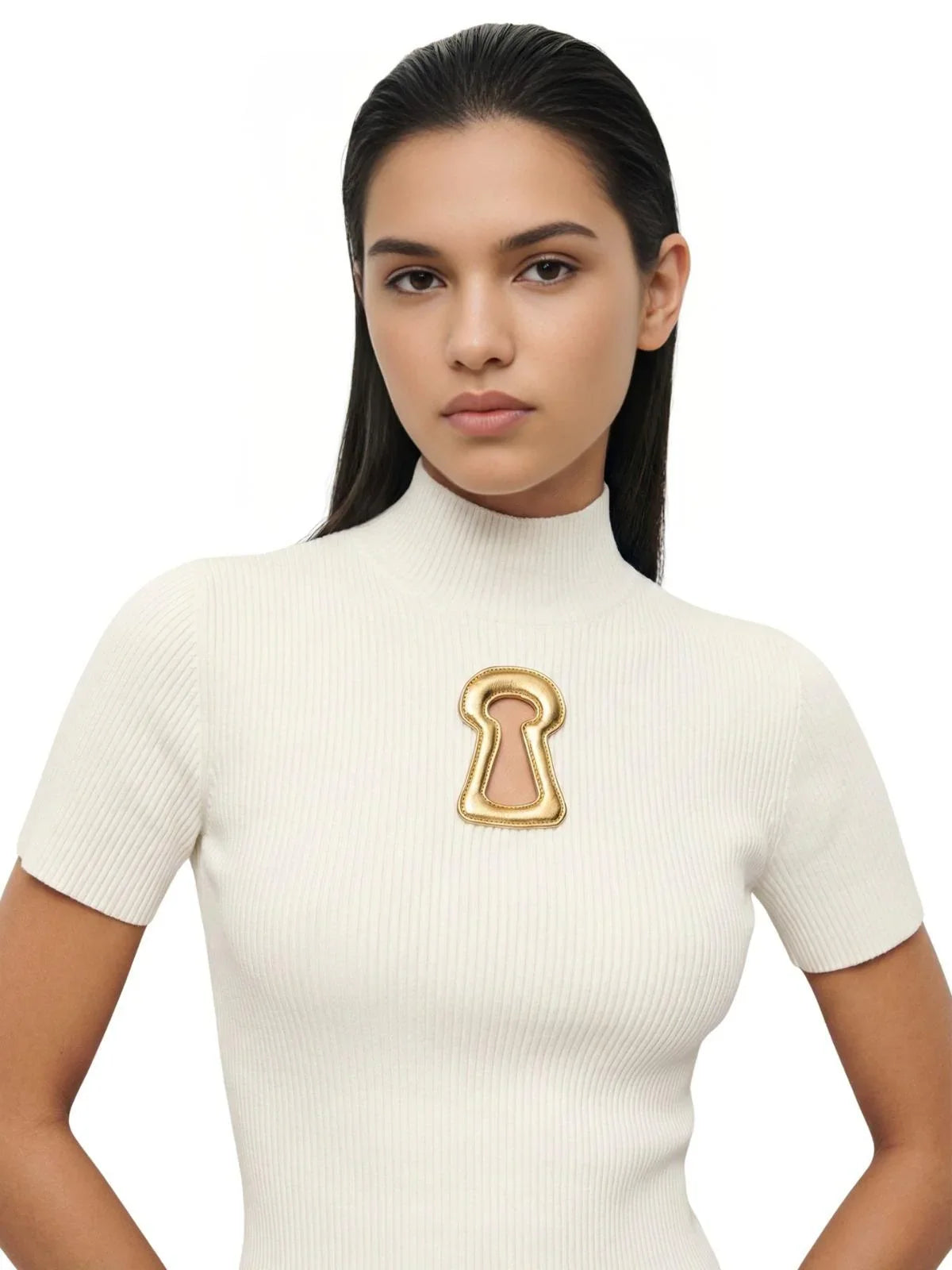 Women's Ribbed Keyhole Top Turtleneck Short Sleeve Minimalist Slimming T-Shirt Female