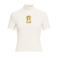 Thumbnail for White ribbed turtleneck top with a gold keyhole cutout design on a white background