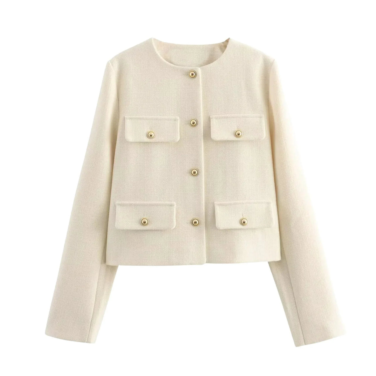 Beige jacket with gold buttons on a white background