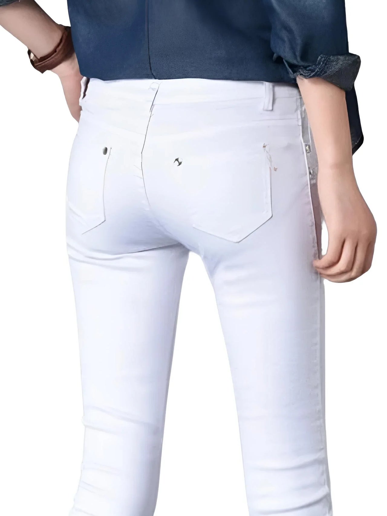 White jeans worn by a person on a white background