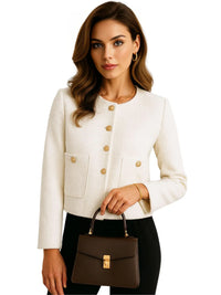 Thumbnail for Woman wearing a white tweed jacket with gold buttons holding a brown handbag on a white background