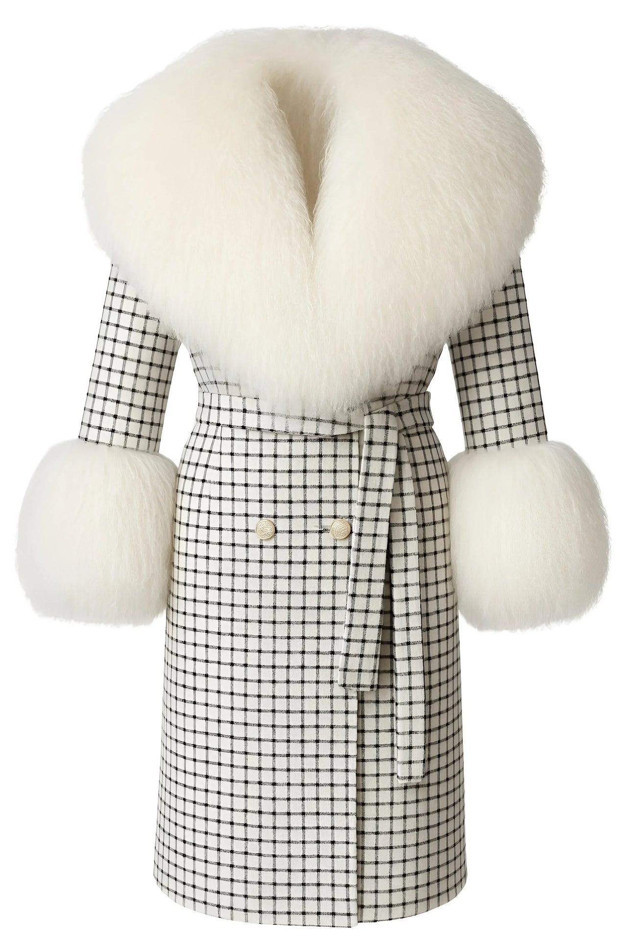 Plaid checkered wool and cashmere coat with white fur collar and cuffs on a white background