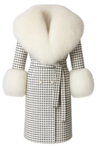 Thumbnail for Plaid checkered wool and cashmere coat with white fur collar and cuffs on a white background