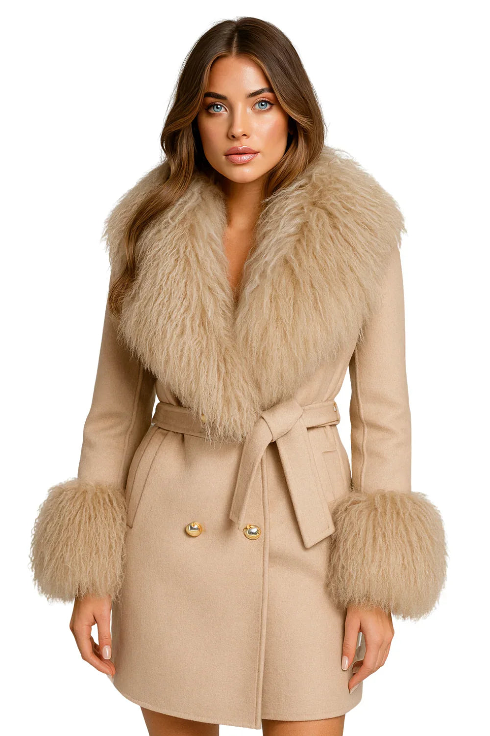 Women's Wool Cashmere Coat With Real Mongolian Sheep Fur Collar and Cuffs In 12 Colors!