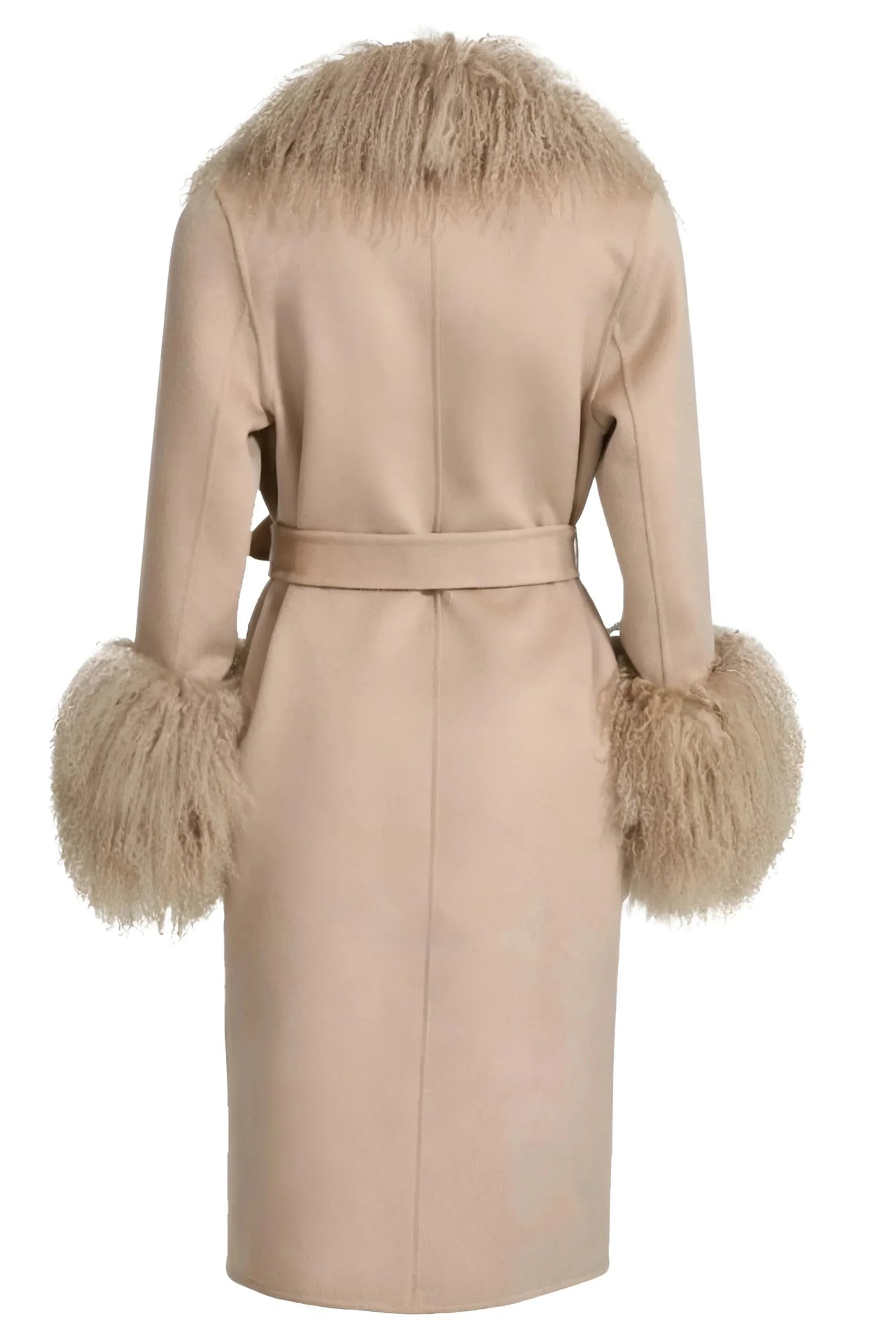 Beige coat with fur trim on cuffs and collar on a white background