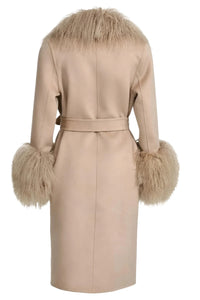 Thumbnail for Beige coat with fur trim on cuffs and collar on a white background