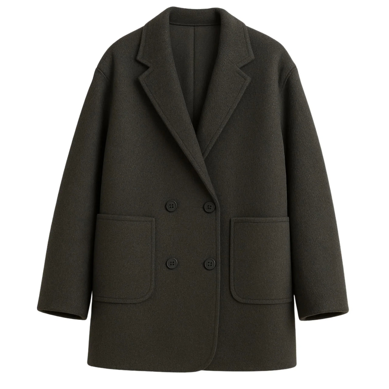 Dark grey wool coat with double-breasted design on a white background