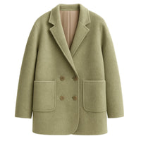 Thumbnail for Women's Wool Coats Loose Casual Double Breasted Retro Jacket Office Lady Outerwear