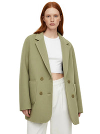 Thumbnail for Women's Wool Coats Loose Casual Double Breasted Retro Jacket Office Lady Outerwear