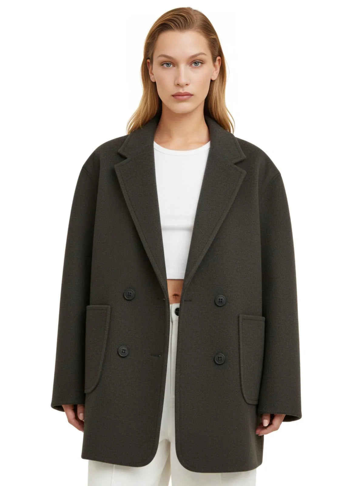 Women's Wool Coats Loose Casual Double Breasted Retro Jacket Office Lady Outerwear