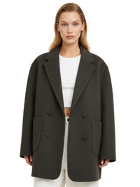 Thumbnail for Women's Wool Coats Loose Casual Double Breasted Retro Jacket Office Lady Outerwear