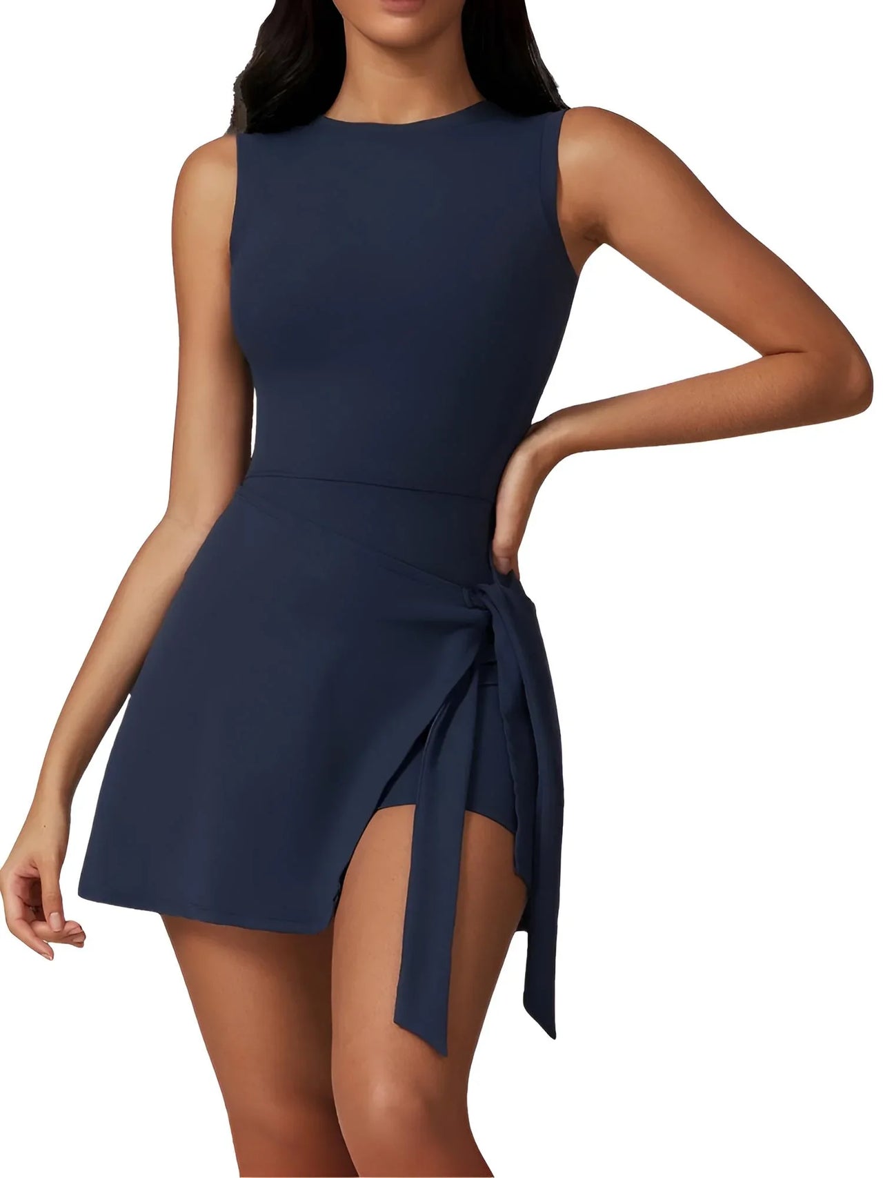 Navy blue romper with a tie detail on a white background