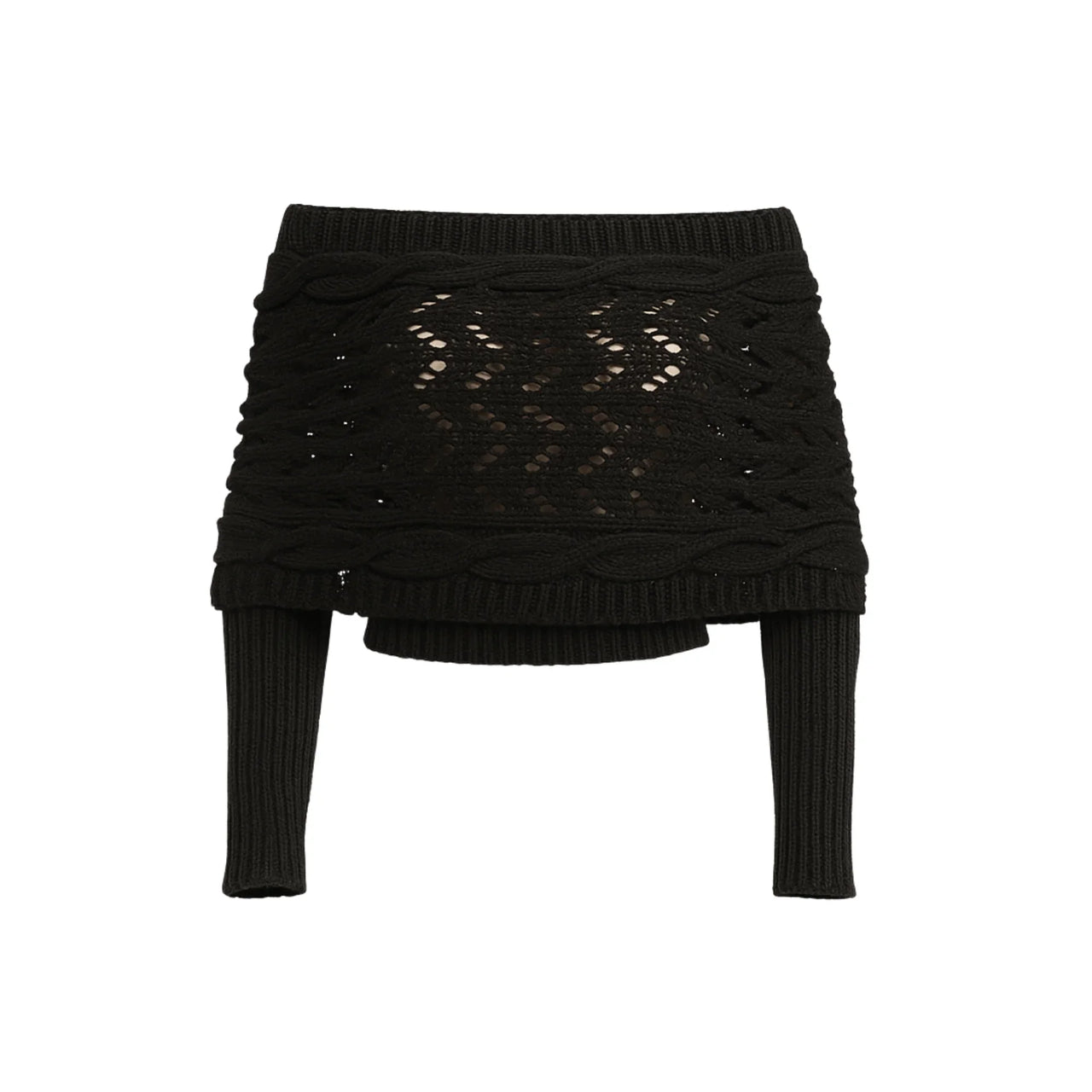 Black knit sweater with a textured pattern on a white background
