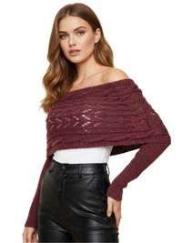 Thumbnail for Model wearing Drestiny Women's Wrap Scarf Sweater in deep wine red with off-the-shoulder knit design and long sleeves, styled with black leather pants for a bold, statement look.