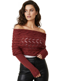 Thumbnail for Woman wearing a red off-shoulder sweater on a white background