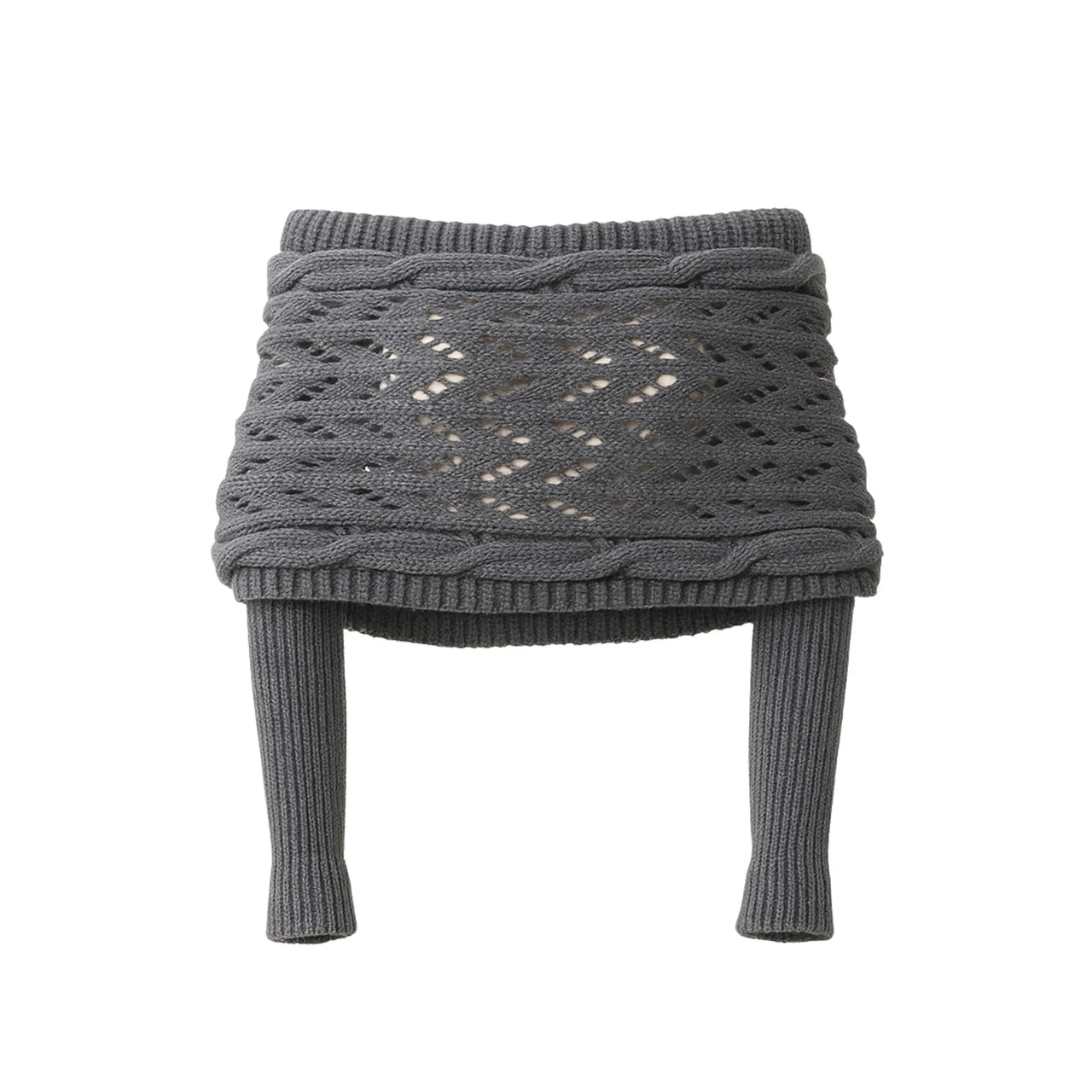 Grey knitted sweater with a unique pattern on a white background