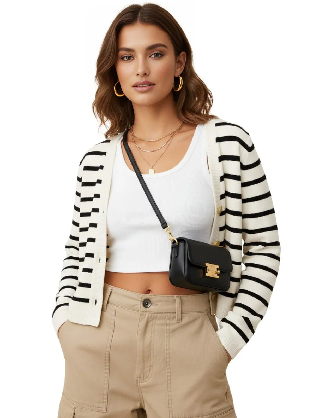 Women's Striped Cardigan Spring Autumn O-Neck Single Breasted Long Sleeve Crop Tops Fashion Casual Chic Female Sweaters