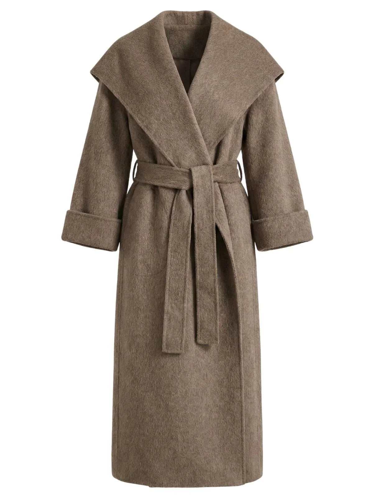 Long camel waterfall coat with belt and shawl lapel on white background