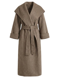 Thumbnail for Long camel waterfall coat with belt and shawl lapel on white background