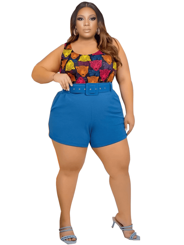 XL-5XL Plus Size Two Piece Blue short Sets For Women