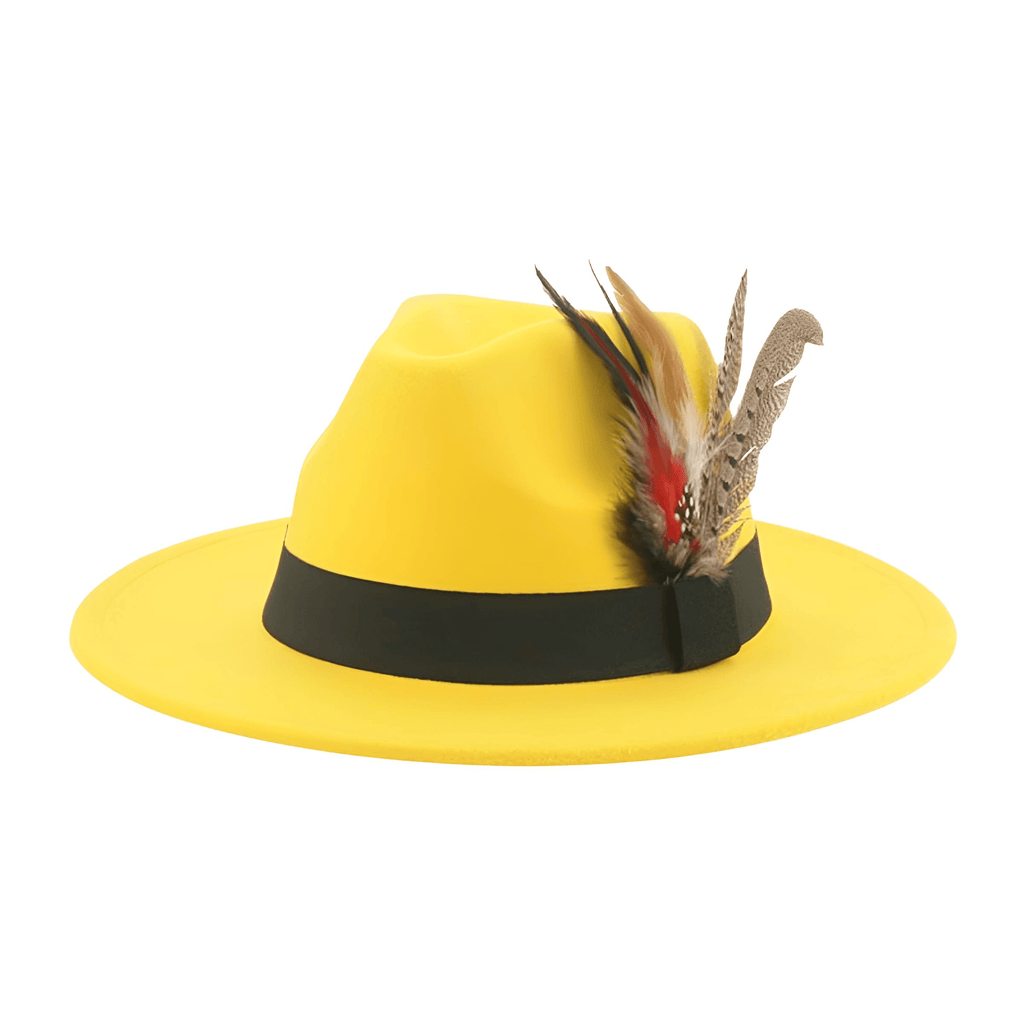 Yellow Fedora With Feather and Band Detailing For Men & Women