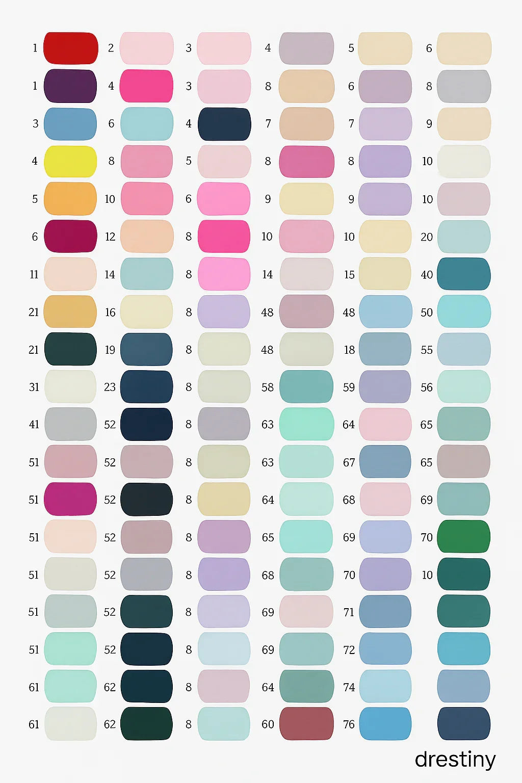 Color swatch chart by Drestiny with various color samples.