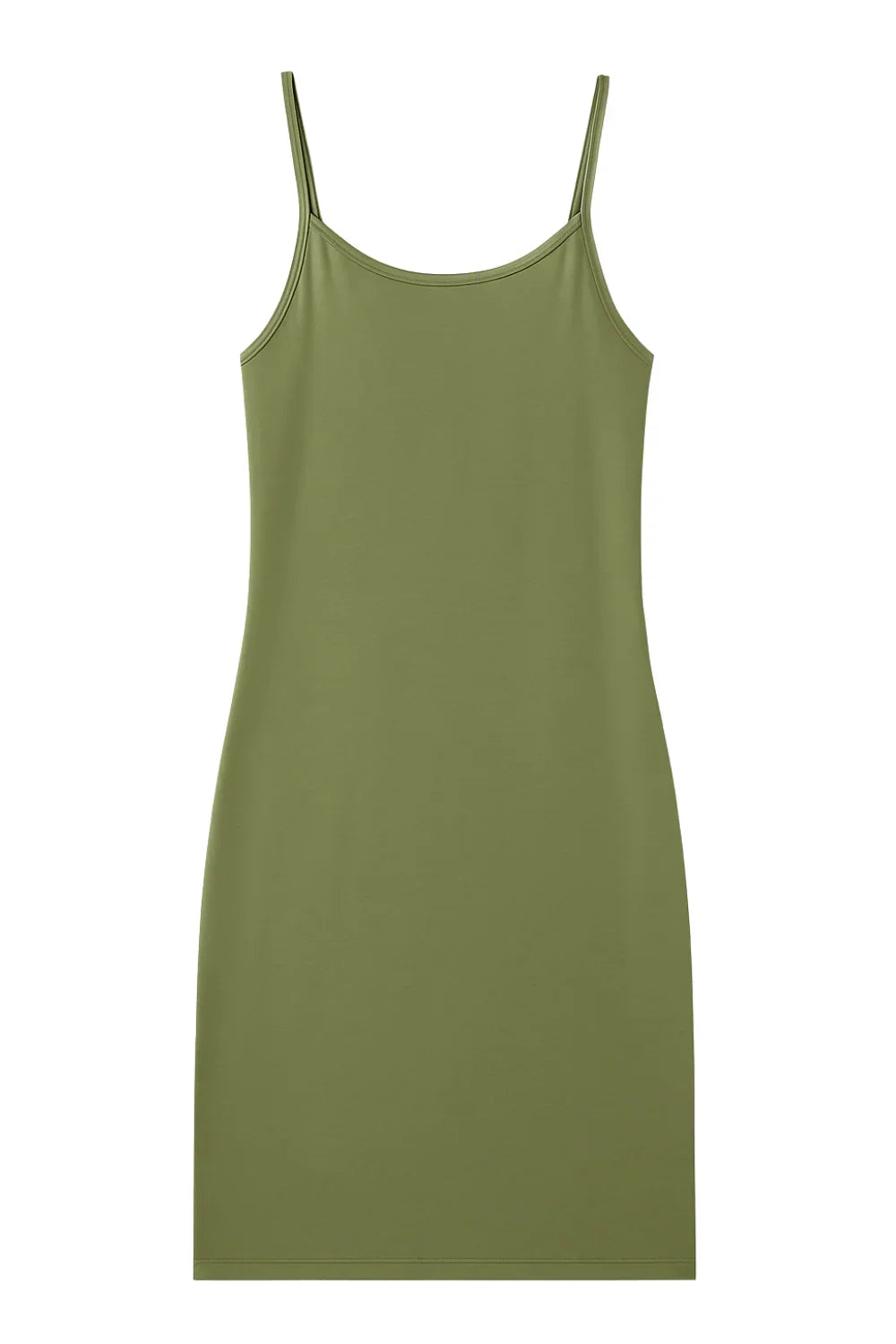 Olive green slip dress on a white background