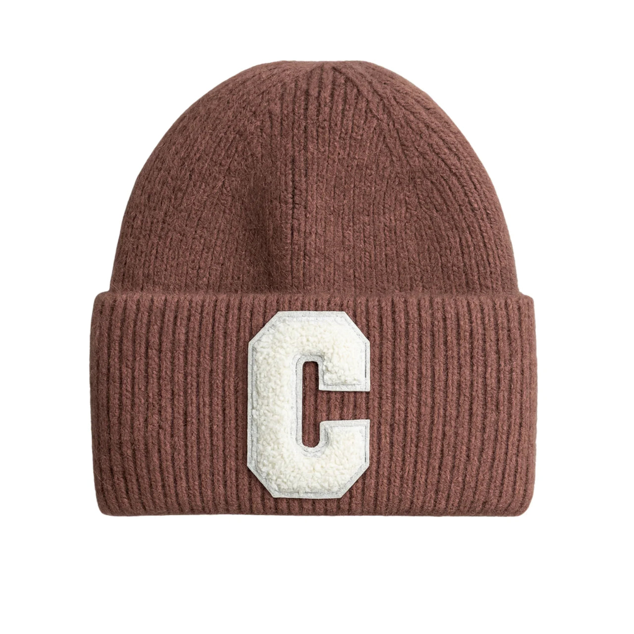 Bean paste knit beanie with a white 'C' logo on a white background