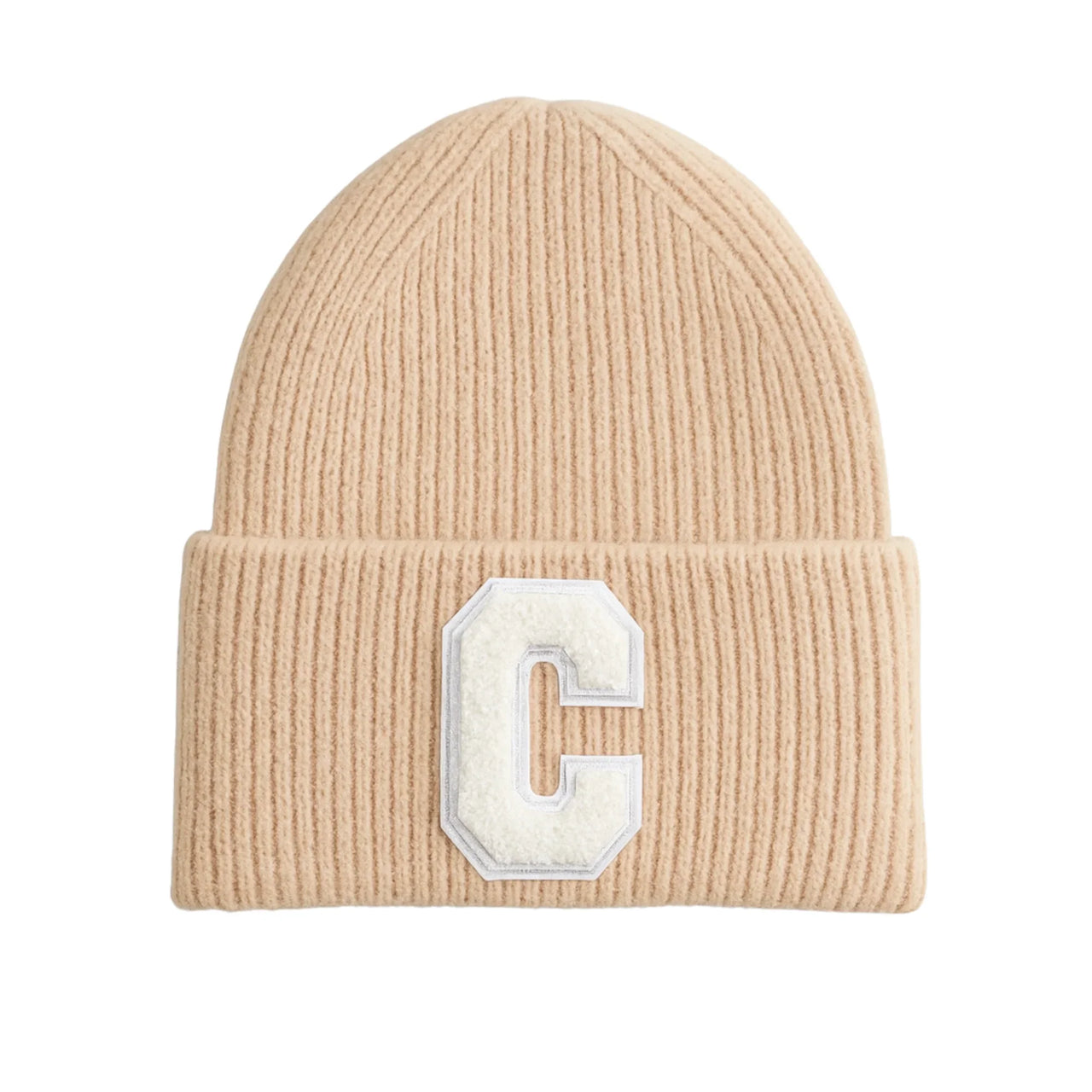 Beige beanie with a white 'C' patch on a white background