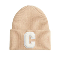 Thumbnail for Beige beanie with a white 'C' patch on a white background