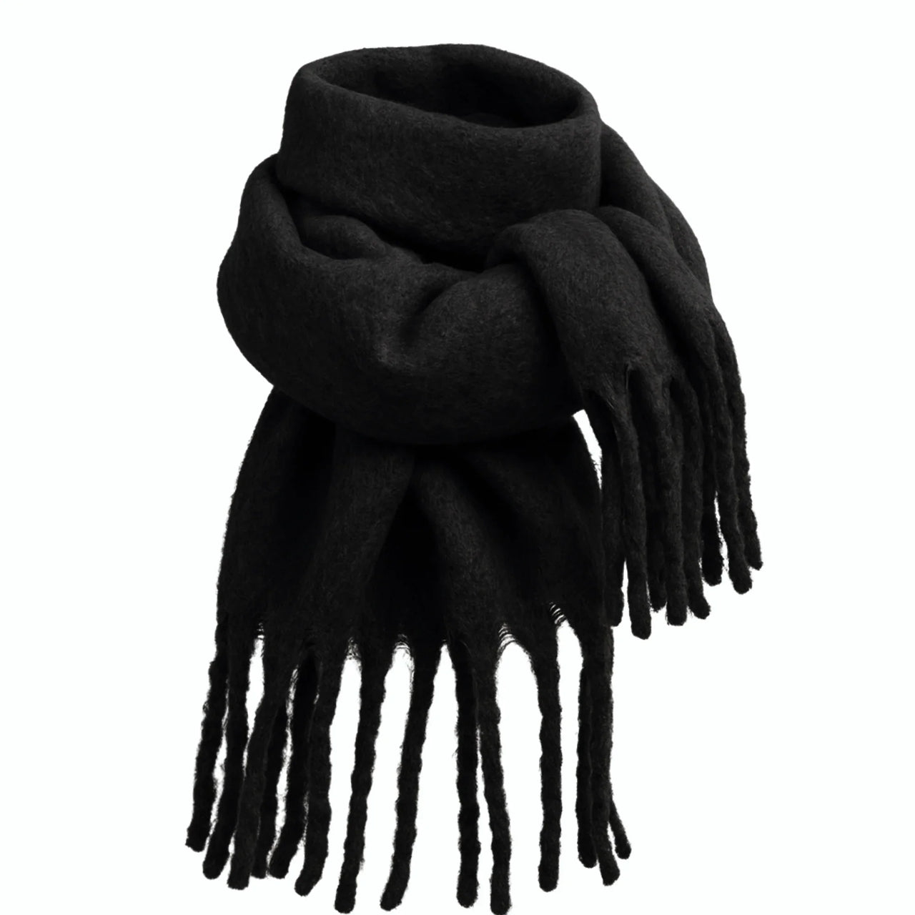 Black blanket scarf with fringes on a white background