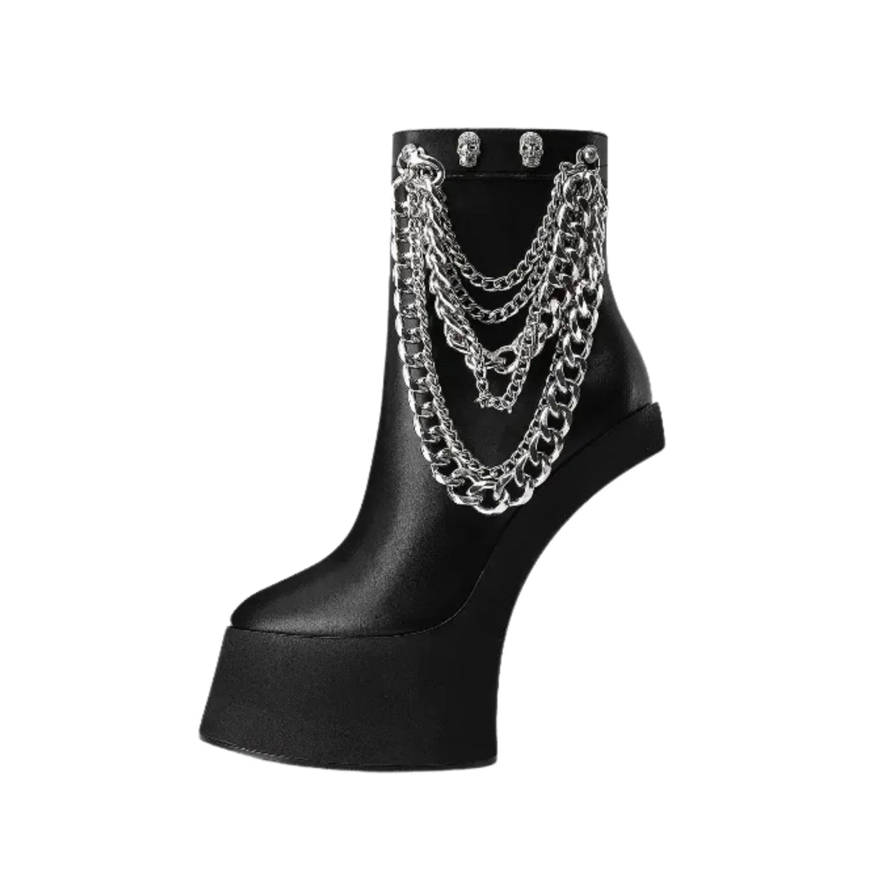 Black platform boot with silver chain detail on a white background