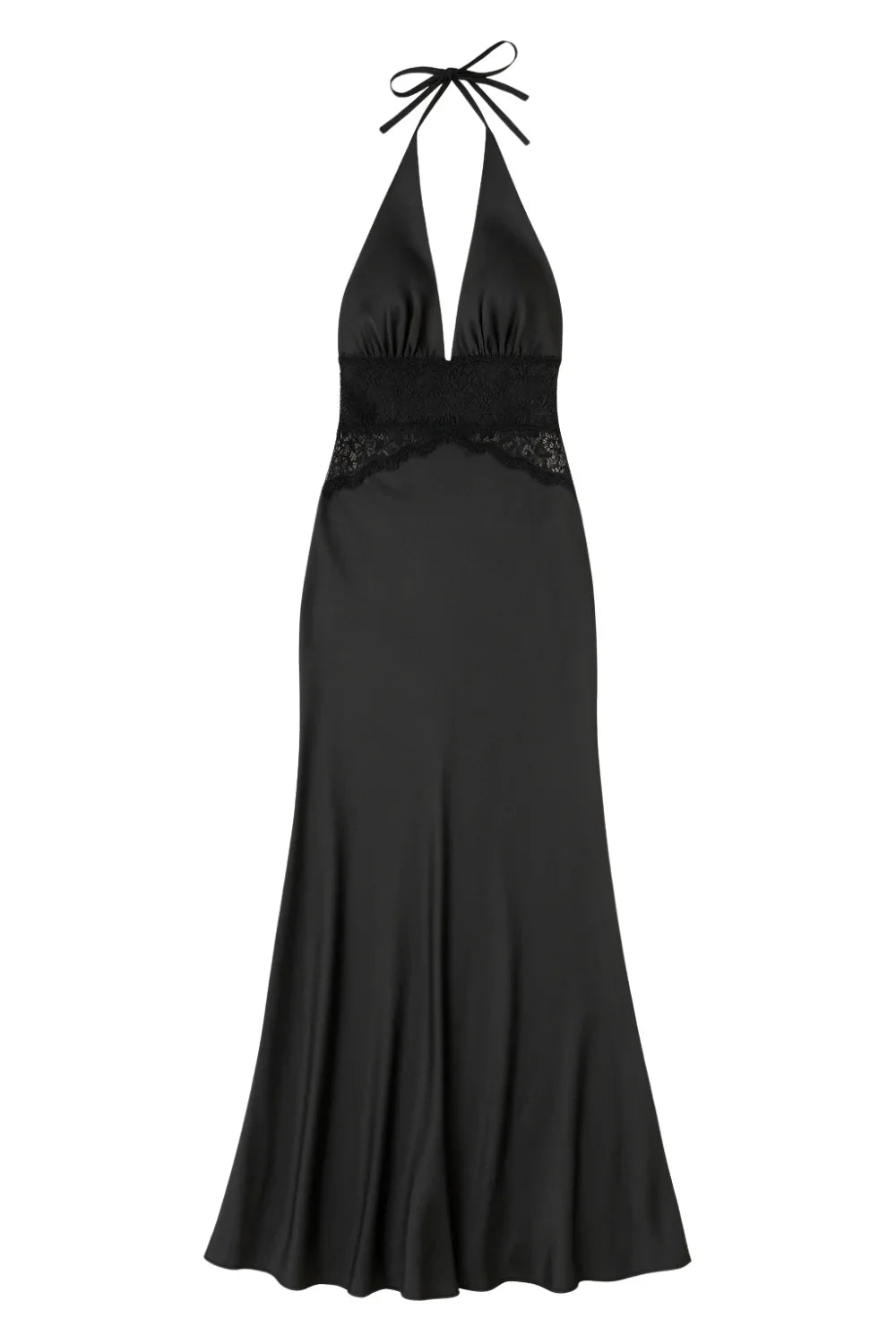 Black halter neck dress with lace detailing on a white background