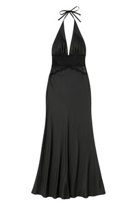 Thumbnail for Black halter neck dress with lace detailing on a white background