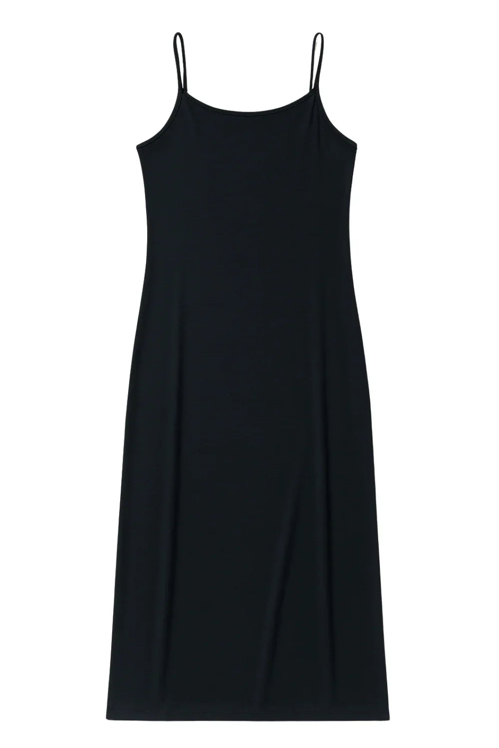 Black slip dress with thin straps on a white background