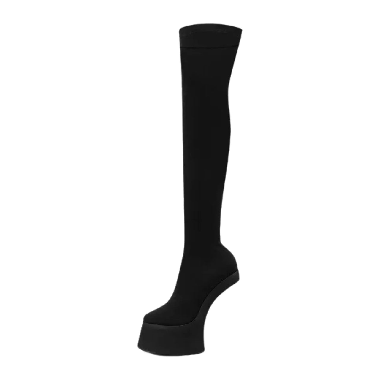 Black suede knee-high platform boot on a white background