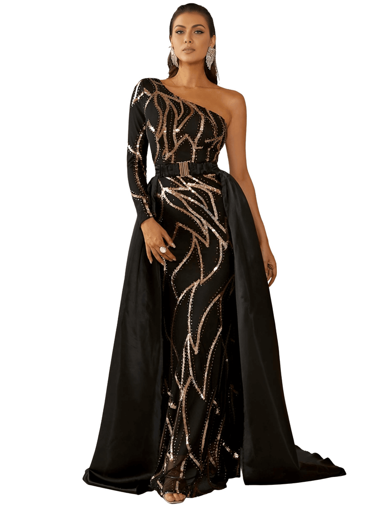 Women's Contrast Sequin One Shoulder Mermaid Hem Black & Gold Formal Dress