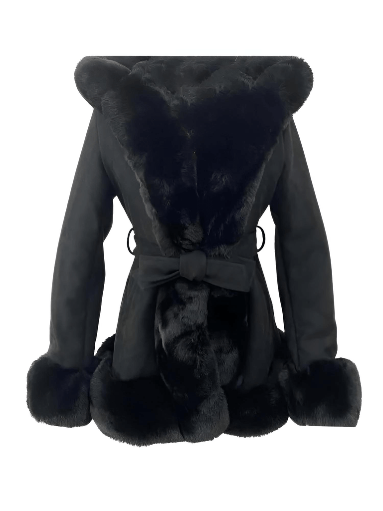 Hooded Black Fur Coats For Women With Belt and Fur Lining Inside