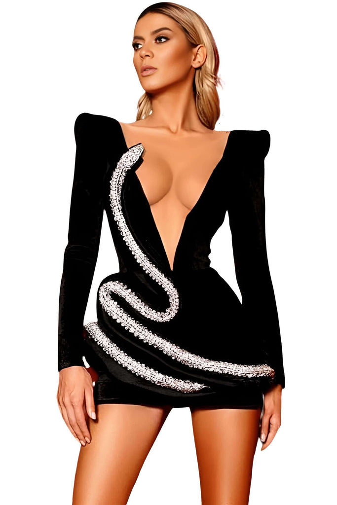 Women's Black Velvet Mini Snake Dress