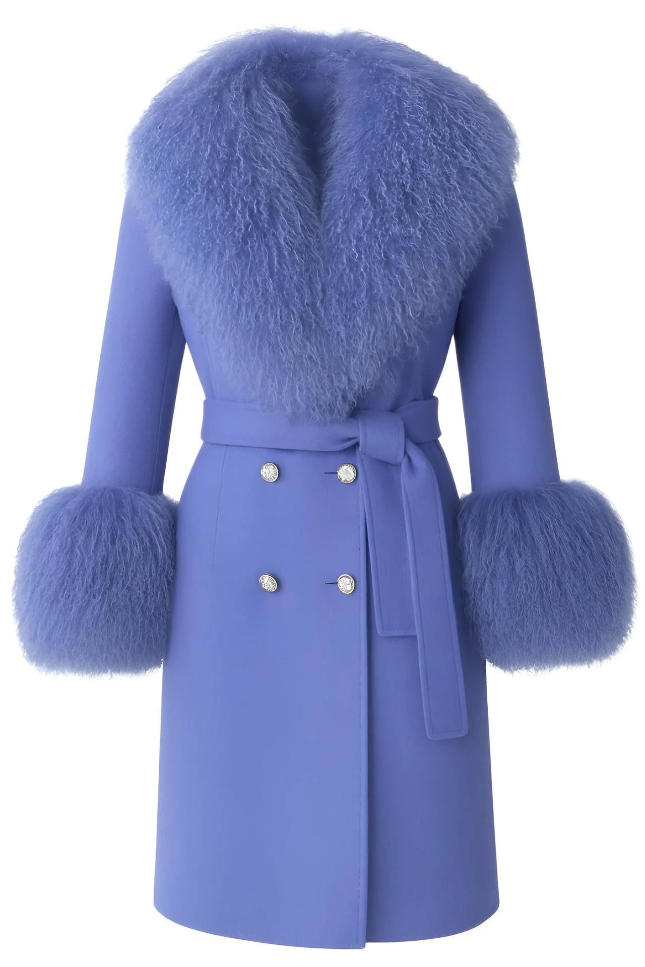 Blue wool and cashmere coat with fur accents on a white background