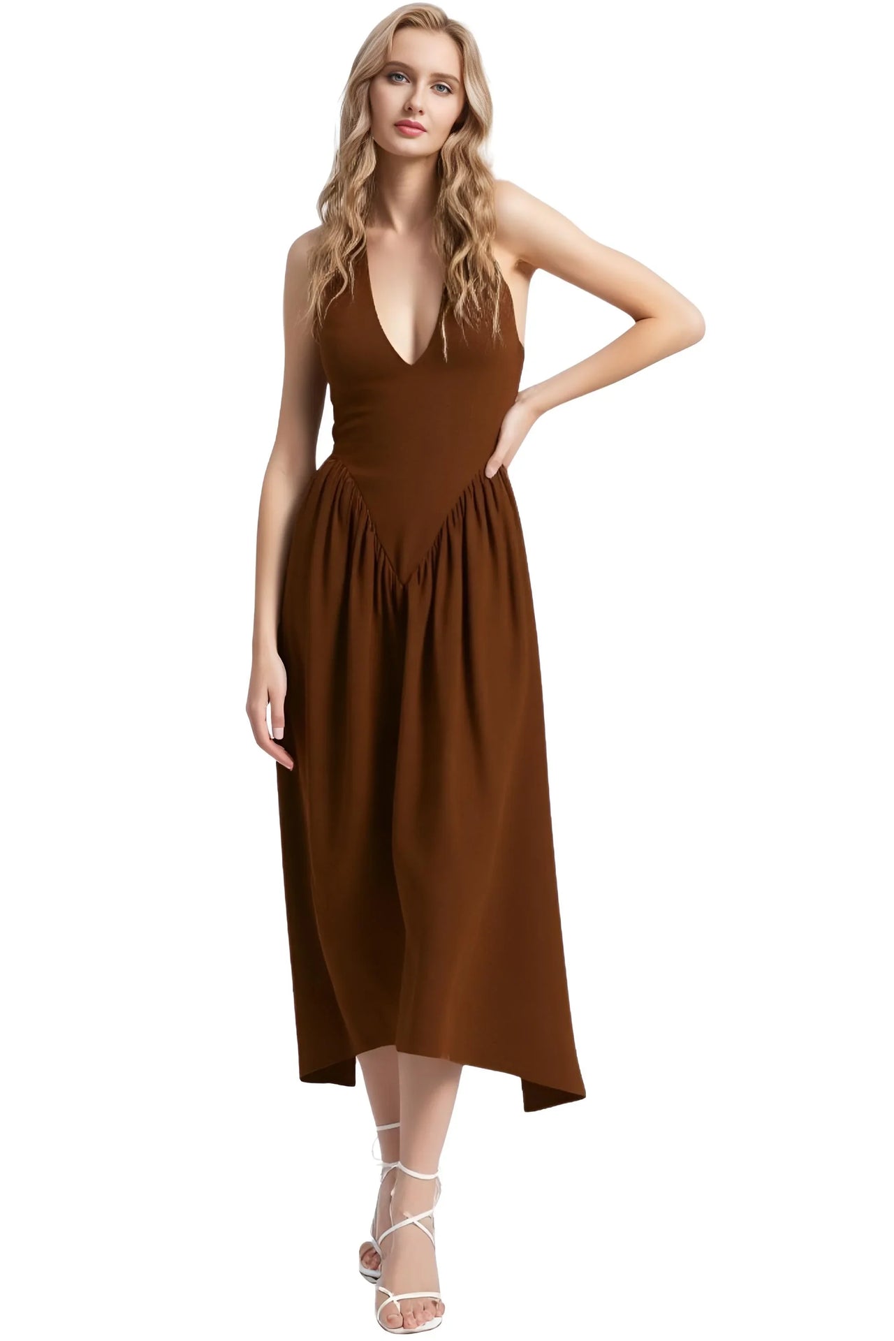 Woman wearing a brown dress on a white background