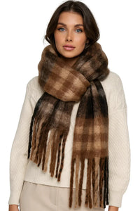 Thumbnail for Woman wearing a brown plaid scarf on a white background