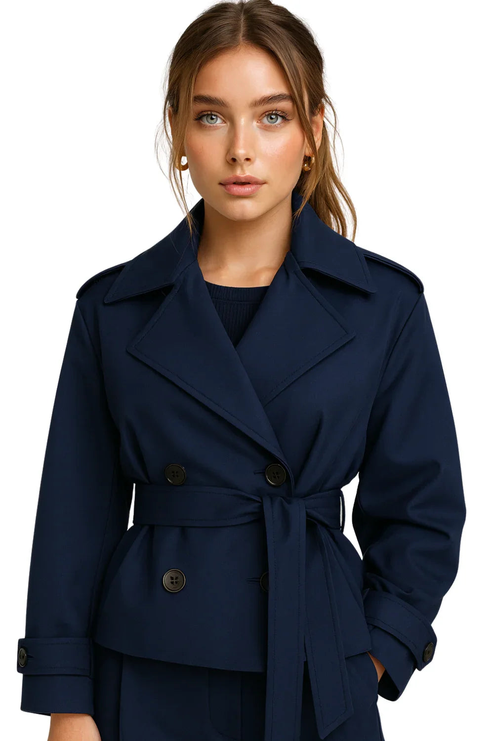 Woman wearing a dark blue cropped trench coat on a white background