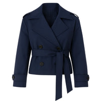 Thumbnail for Navy blue cropped trench coat with a belt on a white background