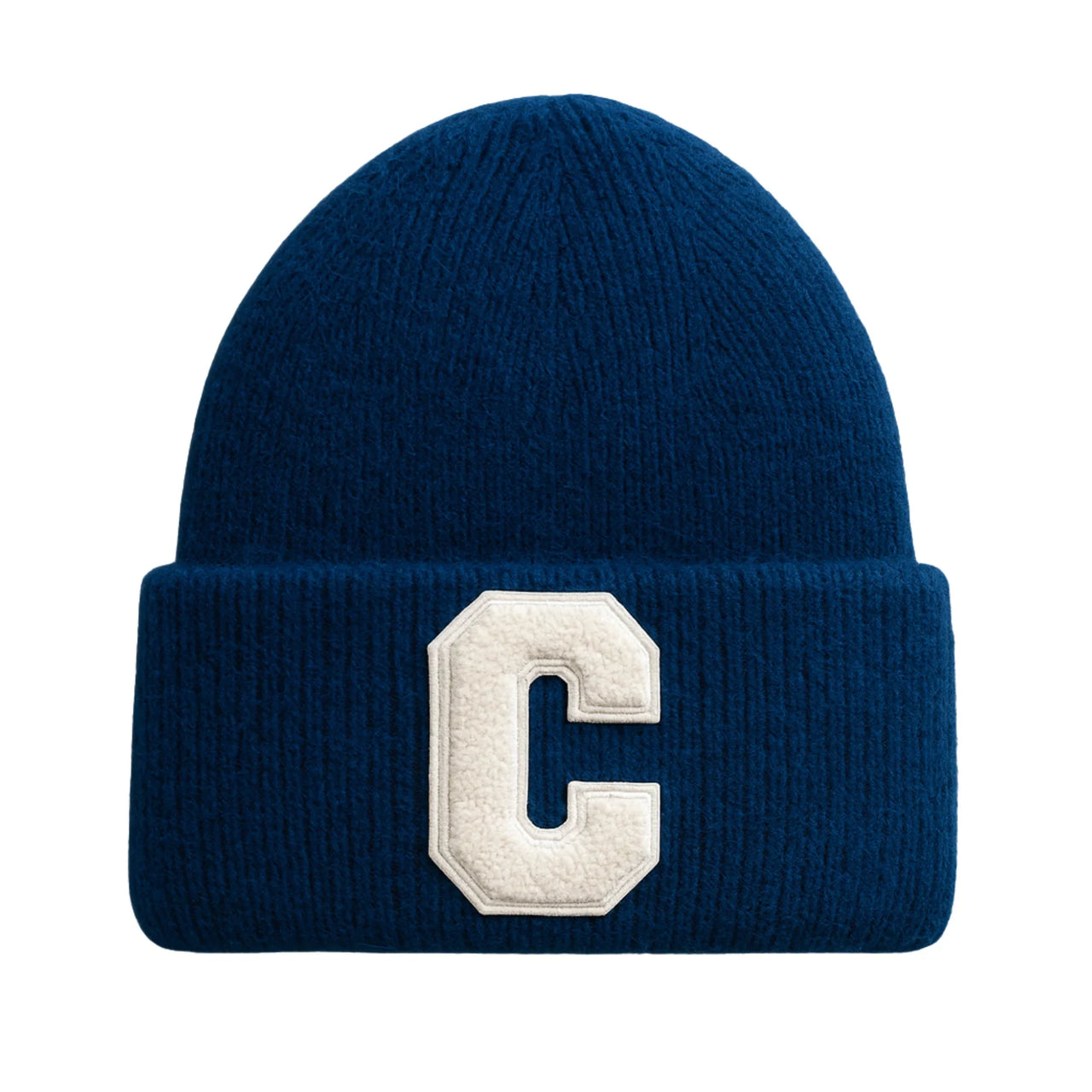 Dark blue beanie with a white 'C' on a white background
